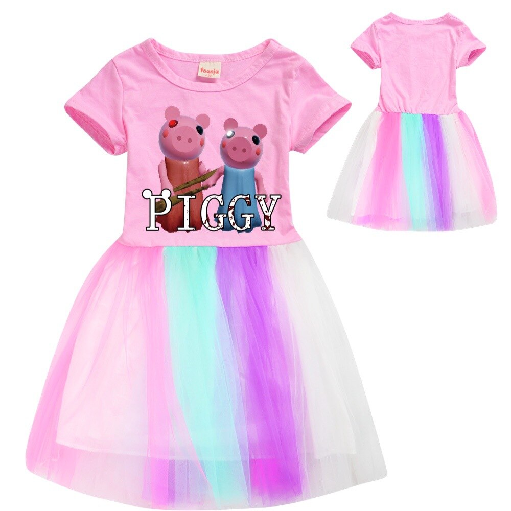 Robloxing Piggy Kids Princess Dresses for Girls Summer Short Sleeve One piece Dress Cotton Print Lace 1 - Piggy Plush