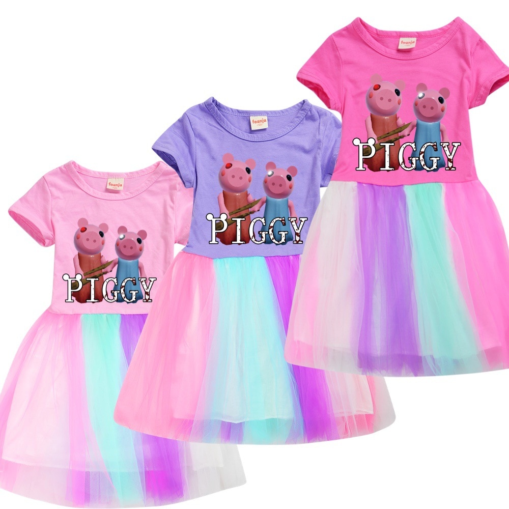 Robloxing Piggy Kids Princess Dresses for Girls Summer Short Sleeve One piece Dress Cotton Print Lace - Piggy Plush